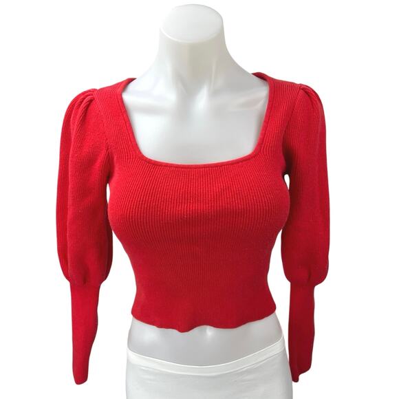 ASTR The Label Red Ribbed Long Puff Sleeve Square Neck Sweater Crop Top Size XS - Picture 1 of 5